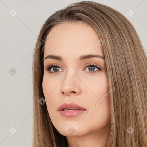 Neutral white young-adult female with long  brown hair and brown eyes