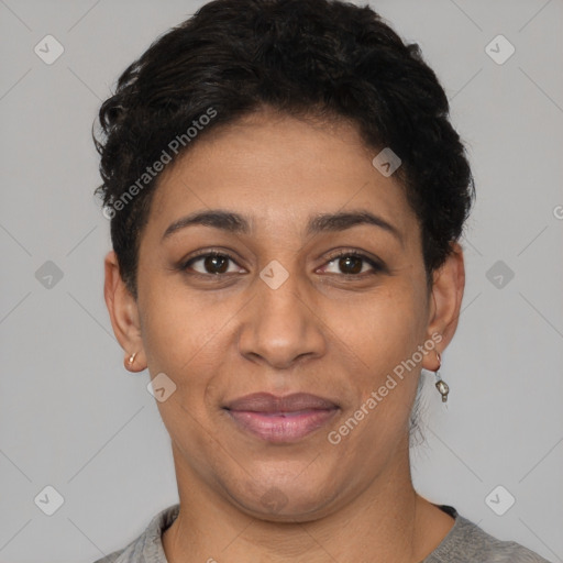 Joyful latino young-adult female with short  brown hair and brown eyes