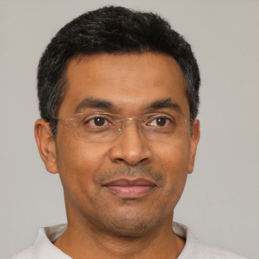 Joyful black adult male with short  black hair and brown eyes