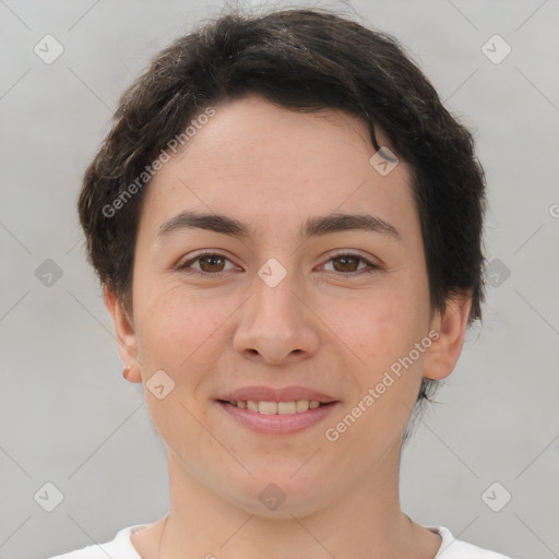 Joyful white young-adult female with short  brown hair and brown eyes