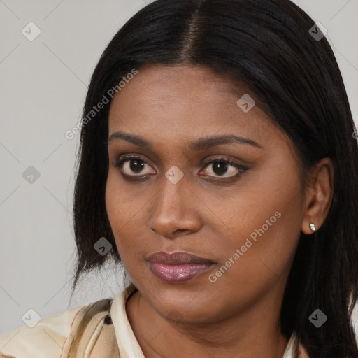 Joyful asian young-adult female with long  brown hair and brown eyes