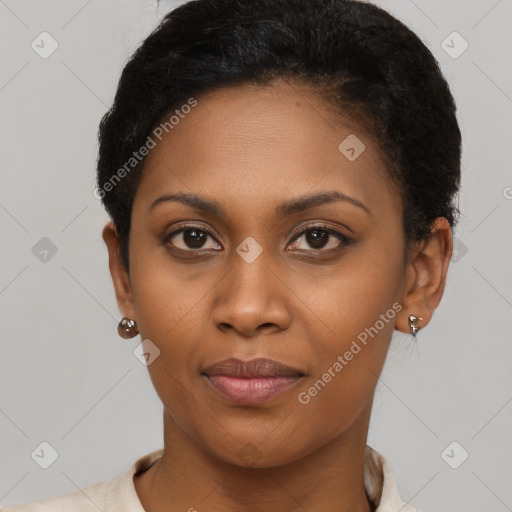 Joyful latino young-adult female with short  brown hair and brown eyes