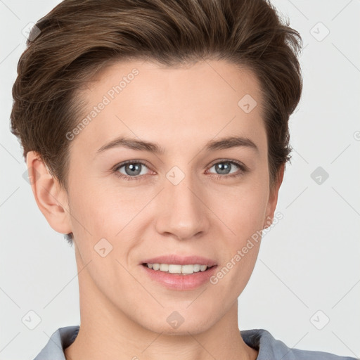 Joyful white young-adult female with short  brown hair and grey eyes