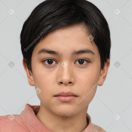 Neutral white young-adult female with short  brown hair and brown eyes