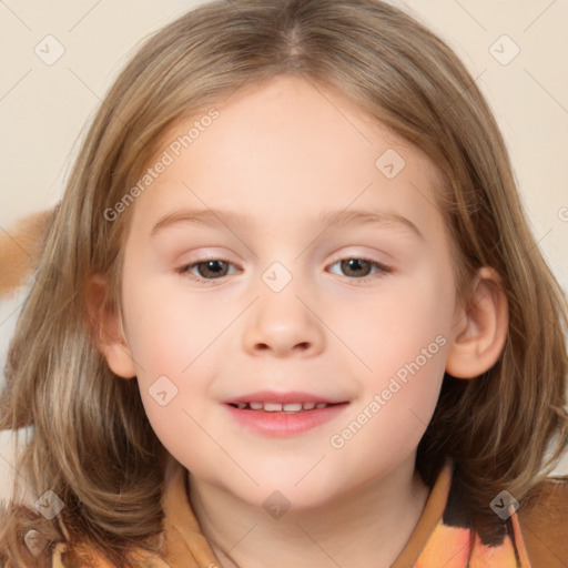 Joyful white child female with medium  brown hair and brown eyes