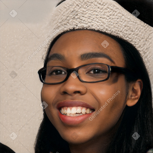 Joyful latino young-adult female with long  black hair and brown eyes