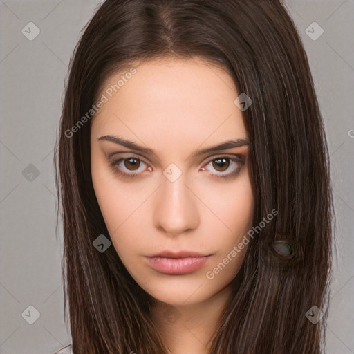 Neutral white young-adult female with long  brown hair and brown eyes