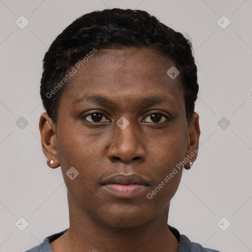 Neutral black young-adult female with short  black hair and brown eyes