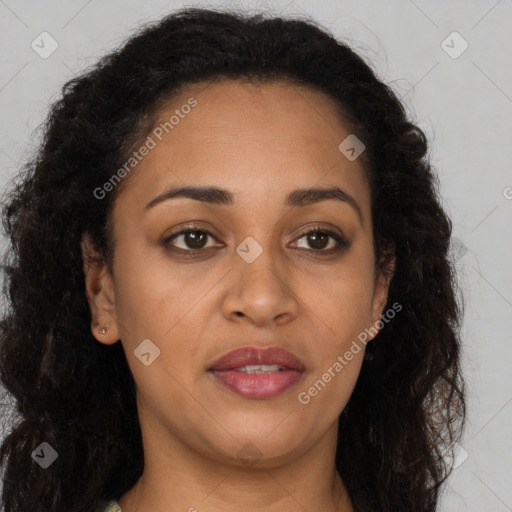 Joyful latino young-adult female with long  brown hair and brown eyes