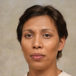 Neutral asian adult female with short  brown hair and brown eyes