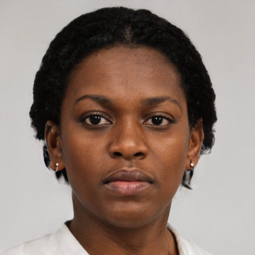 Neutral black young-adult female with short  black hair and brown eyes