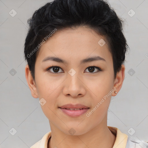 Joyful asian young-adult female with short  brown hair and brown eyes