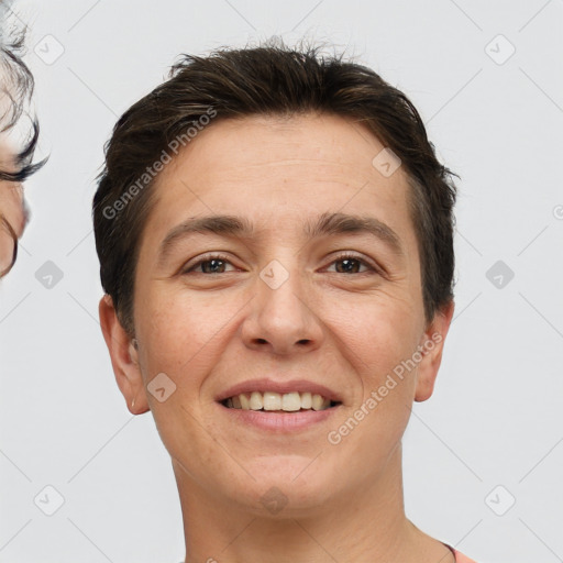 Joyful white young-adult female with short  brown hair and brown eyes