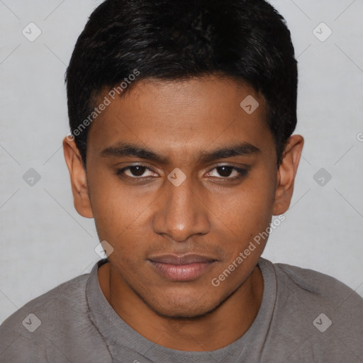 Neutral asian young-adult male with short  black hair and brown eyes