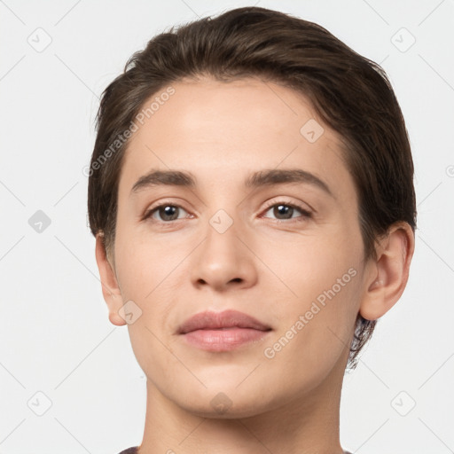 Neutral white young-adult male with short  brown hair and brown eyes