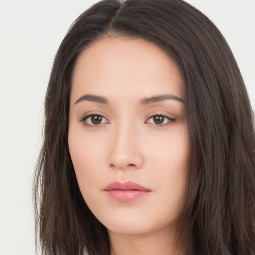 Neutral asian young-adult female with long  brown hair and brown eyes