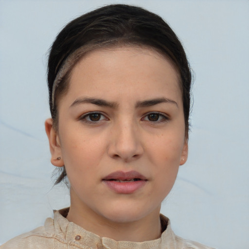 Neutral white young-adult female with short  brown hair and brown eyes