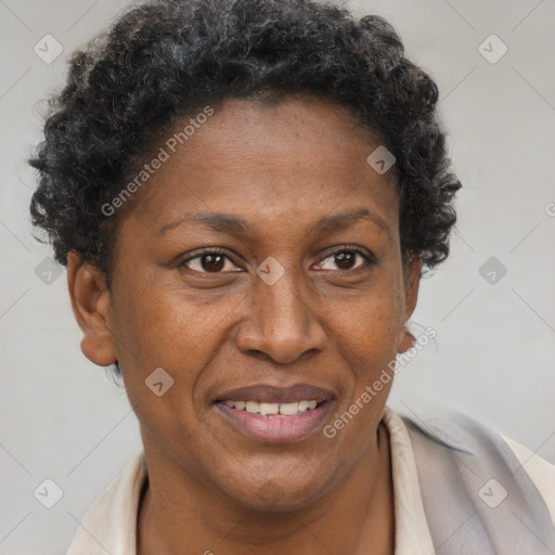 Joyful black adult female with short  brown hair and brown eyes