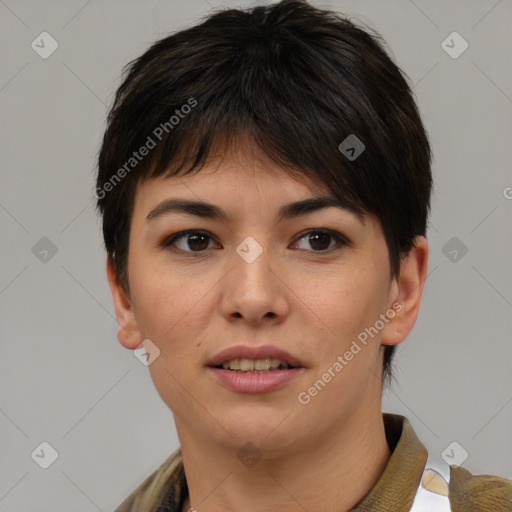 Joyful asian young-adult female with medium  brown hair and brown eyes