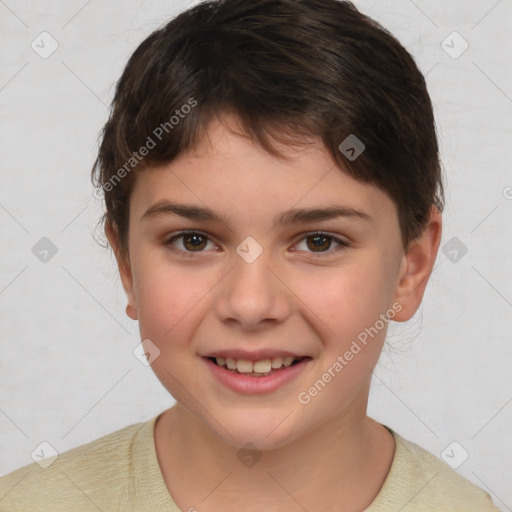 Joyful white child female with short  brown hair and brown eyes