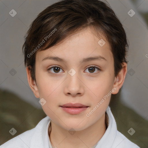 Joyful white child female with medium  brown hair and brown eyes