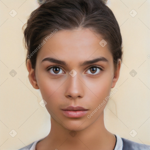 Neutral white young-adult female with medium  brown hair and brown eyes