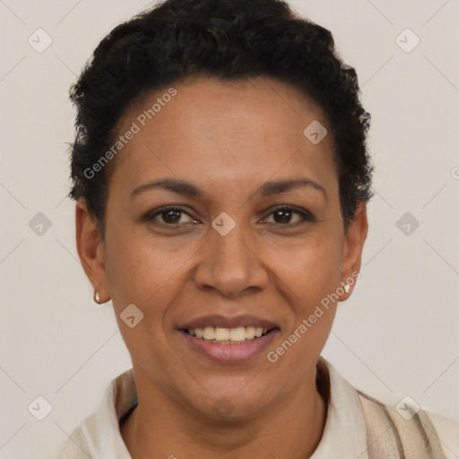 Joyful latino adult female with short  brown hair and brown eyes