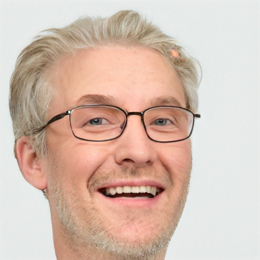 Joyful white middle-aged male with short  brown hair and blue eyes