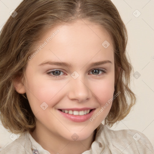 Joyful white child female with medium  brown hair and brown eyes