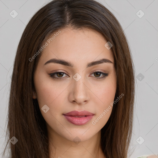 Neutral white young-adult female with long  brown hair and brown eyes