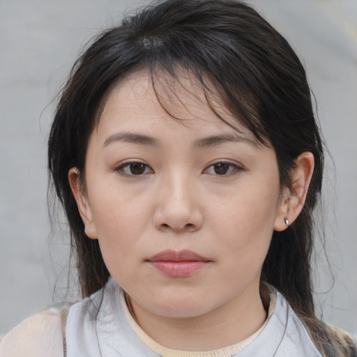 Neutral white young-adult female with medium  brown hair and brown eyes