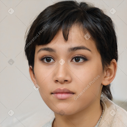 Neutral asian young-adult female with medium  black hair and brown eyes