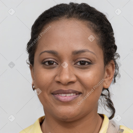 Joyful latino young-adult female with short  brown hair and brown eyes