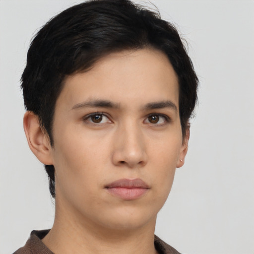 Neutral asian young-adult female with short  black hair and brown eyes