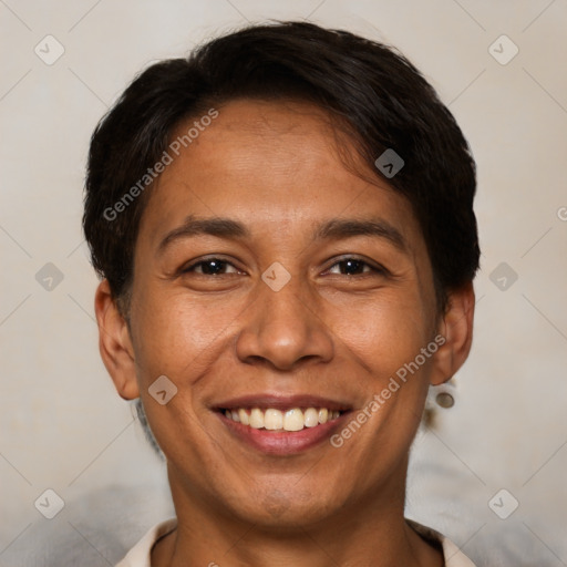 Joyful white adult female with short  brown hair and brown eyes