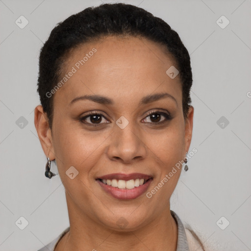 Joyful black young-adult female with short  brown hair and brown eyes