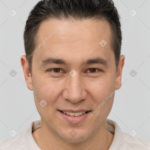 Joyful white adult male with short  brown hair and brown eyes