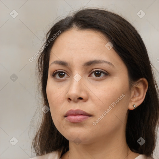 Neutral white young-adult female with medium  brown hair and brown eyes