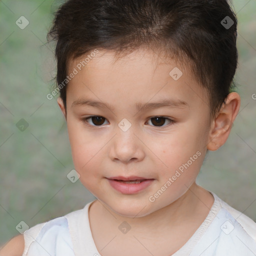 Joyful white child female with short  brown hair and brown eyes