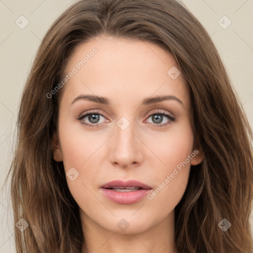 Joyful white young-adult female with long  brown hair and green eyes