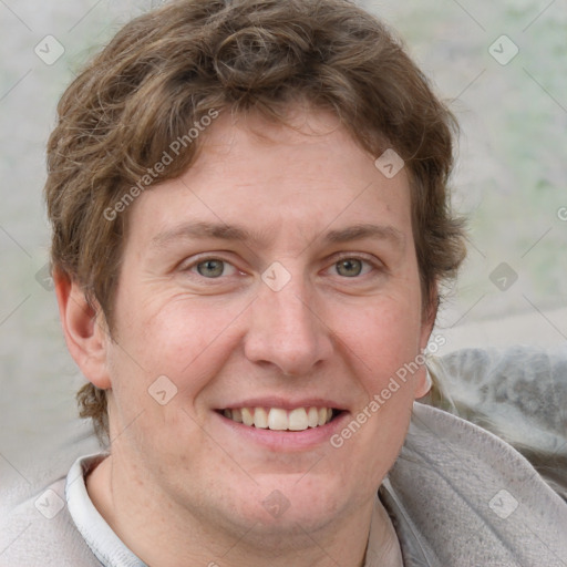 Joyful white adult female with short  brown hair and grey eyes