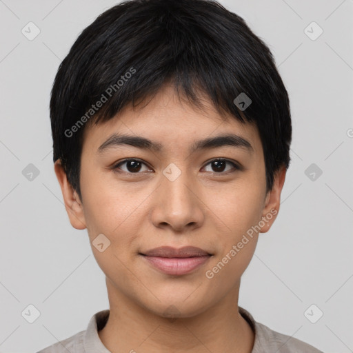 Joyful asian young-adult female with short  black hair and brown eyes