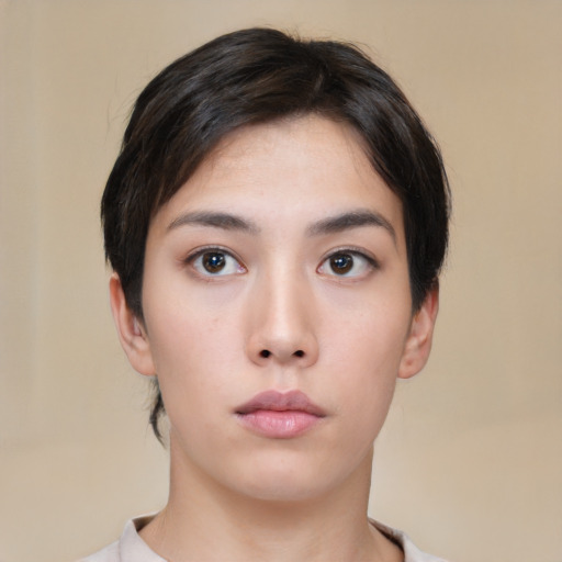 Neutral asian young-adult female with short  black hair and brown eyes