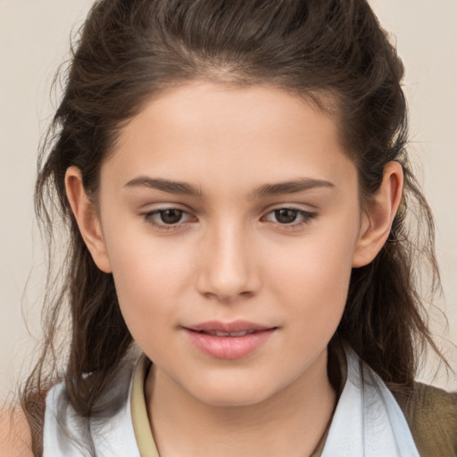 Joyful white child female with medium  brown hair and brown eyes