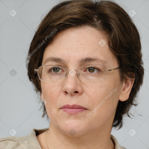 Neutral white adult female with medium  brown hair and brown eyes