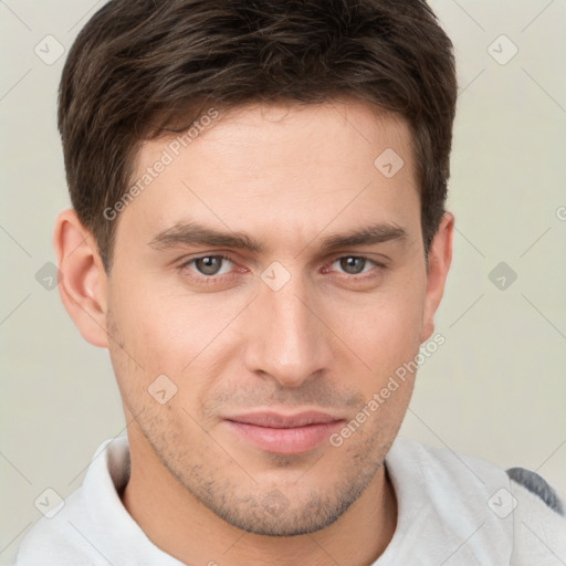 Neutral white young-adult male with short  brown hair and brown eyes