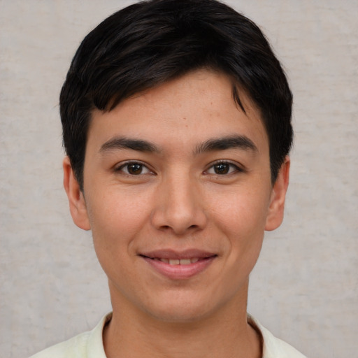 Joyful asian young-adult male with short  brown hair and brown eyes