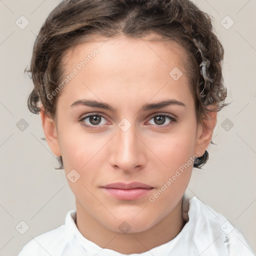 Neutral white young-adult female with short  brown hair and brown eyes