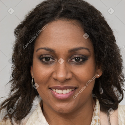 Joyful black young-adult female with medium  brown hair and brown eyes