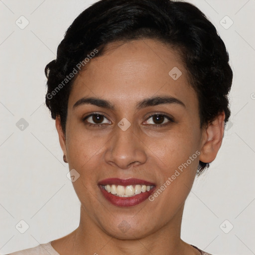 Joyful latino young-adult female with short  black hair and brown eyes